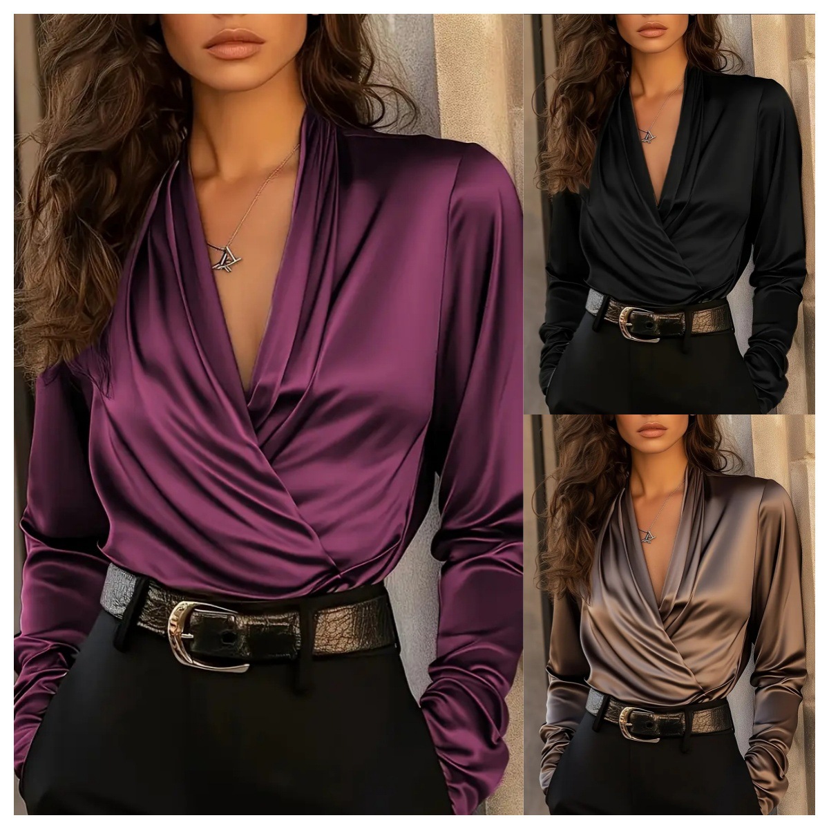 Women's Satin Wrap V Neck Long - Women Formal Office Wear Tops บทวิจารณ์และราคา