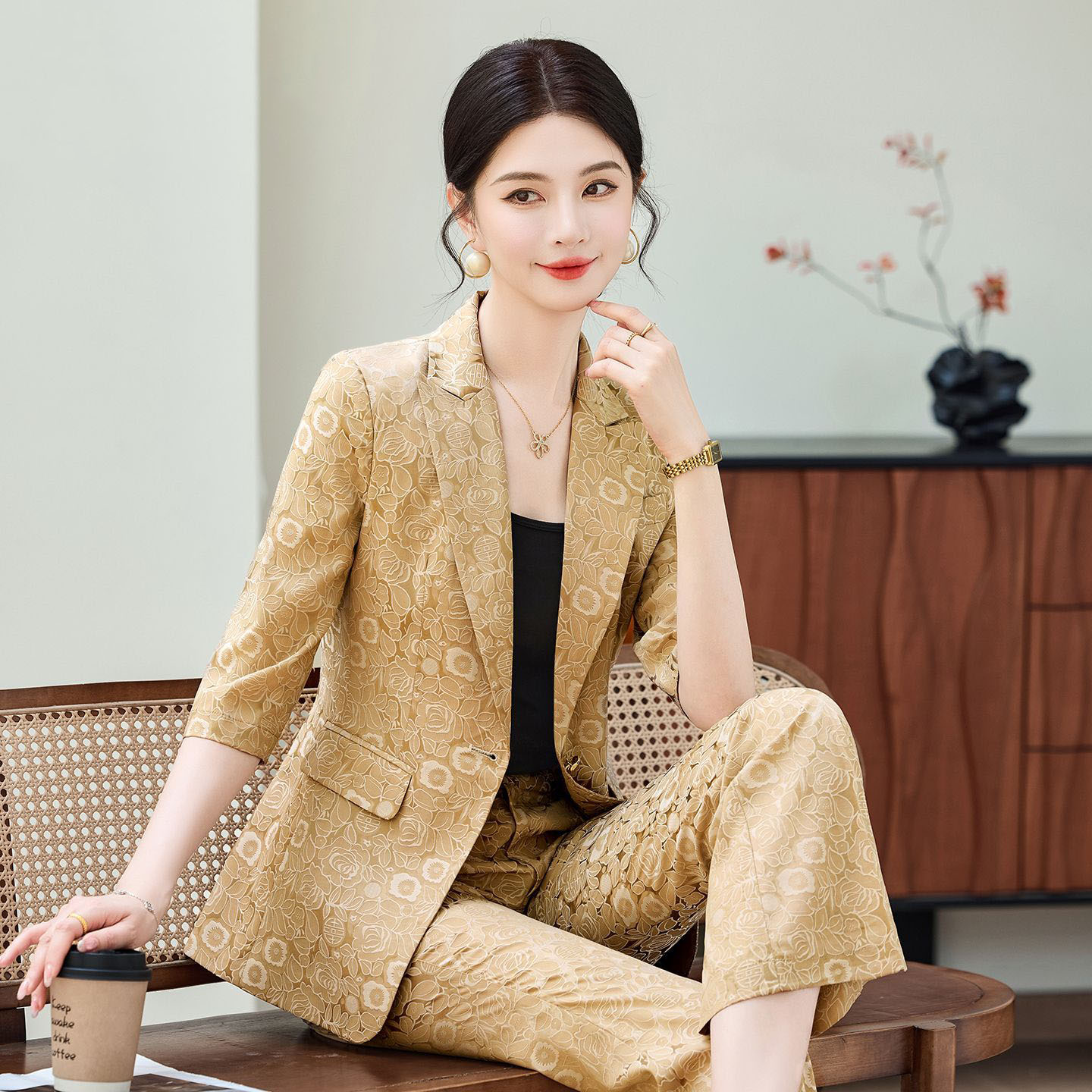 Fashion Apricot Half Sleeve Pr - Women Formal Wear Pants บทวิจารณ์และราคา