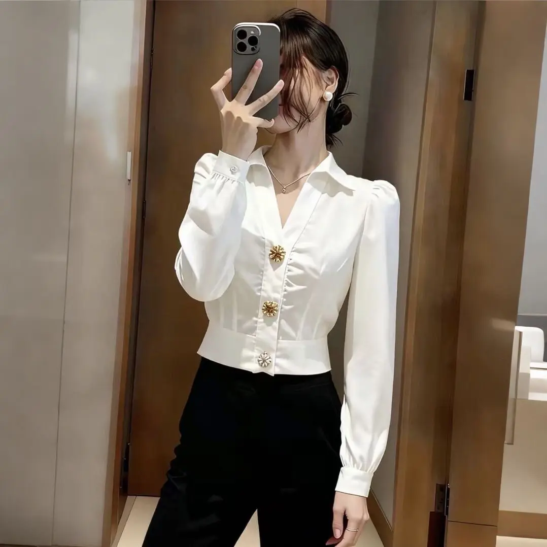 Elegant White Shirt V Neck Blo - Women Formal Office Wear Tops บทวิจารณ์และราคา