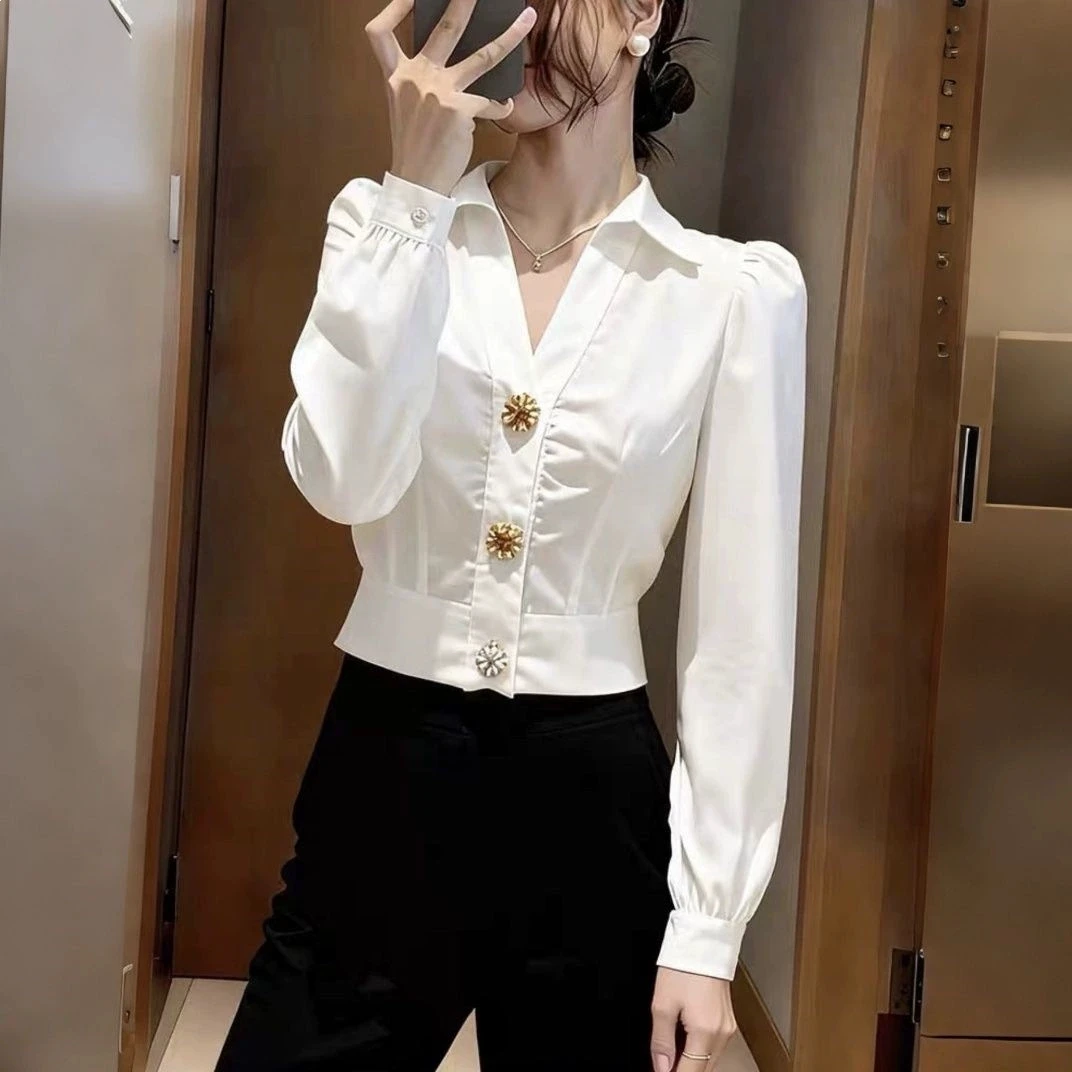 Elegant White Shirt V Neck Blo - Women Formal Office Wear Tops บทวิจารณ์และราคา